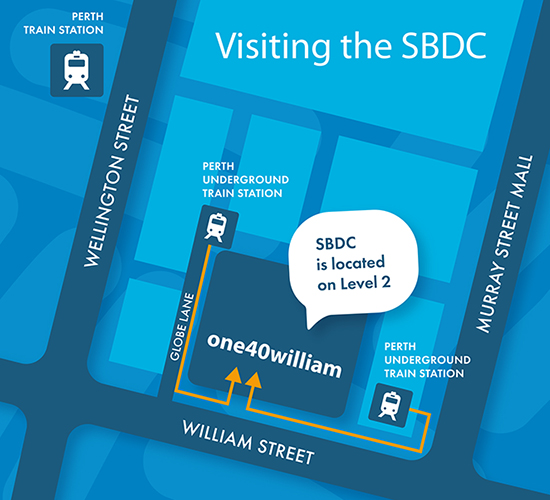 A map showing the SBDC's location at 140 William Street in Perth, Western Australia.