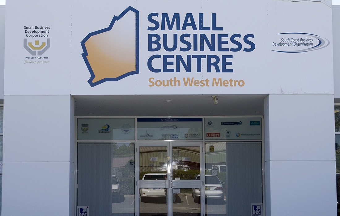 Photo of one of the SBDC Regional Business Centres. The photo is taken outside the building and shows the SBDC branding.